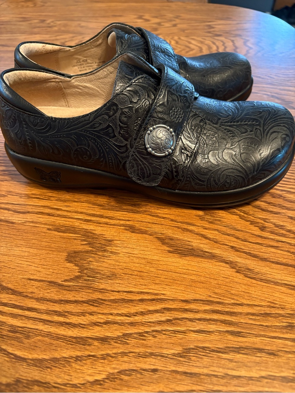 Dansko Black Embossed Leather Mary Jane Clogs with Decorative Button